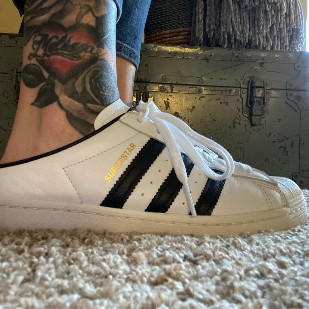 White, Adidas, superstar, mule, shell toe sneaker